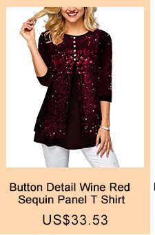 Button Detail Wine Red Sequin Panel T Shirt