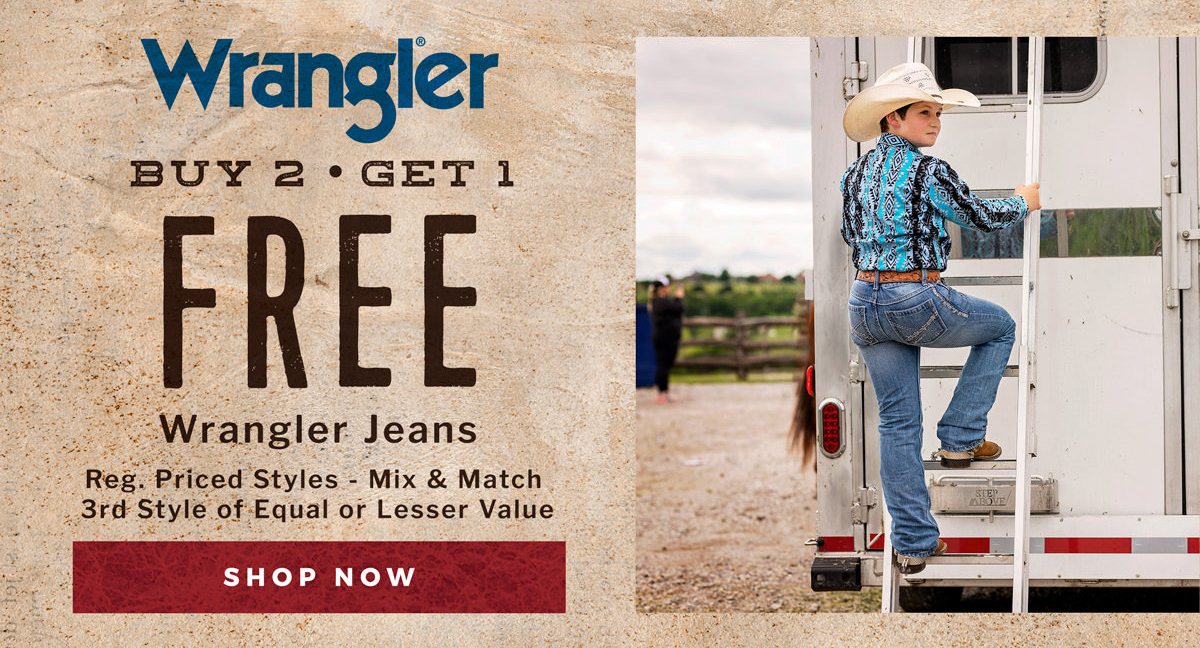 Buy 2 Get 1 FREE Wrangler Jeans Reg. Priced Styles - Mix & Match, 3rd Style of Equal or Lesser Value Shop Now