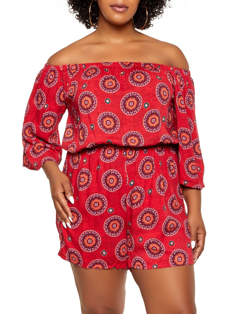 Plus Size Printed Off the Shoulder Romper