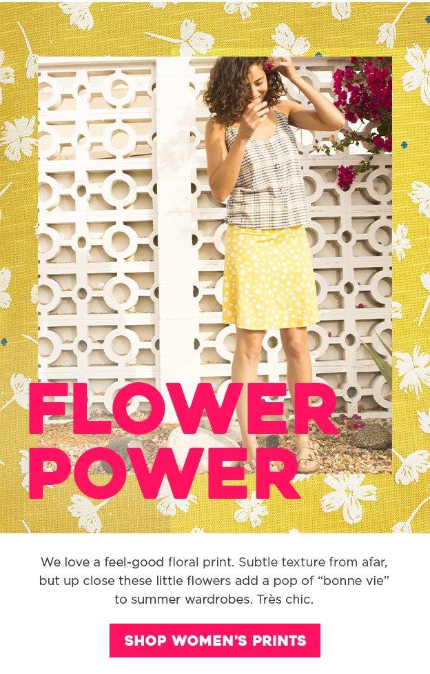 Flower Power. We love a feel-good floral print. Subtle texture from afar, but up close these little flowers add a pop of “bonne vie” to summer wardrobes. Très chic.