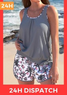 Bowknot Tropical Plants Print Grey Tankini Set