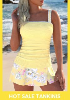 ROTITA Split Light Yellow Floral Print Tankini Set