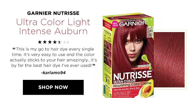 GARNIER NUTRISSE - Ultra Color Light Intense Auburn - 4.4 STARS - “This is my go to hair dye every single time. It’s very easy to use and the color actually sticks to your hair amazingly...It’s by far the best hair dye I’ve ever used!” -karlamo94 - SHOP NOW