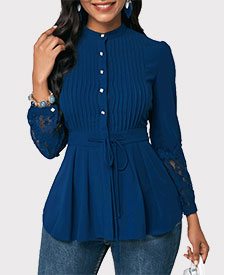 Crinkle Chest Lace Panel Navy Blue Peplum Blouse