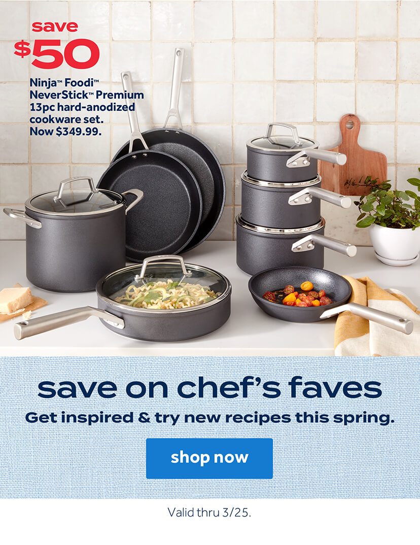 save $50 | Ninja Foodi NeverStick Premium 13pc hard-anodized cookware set. Now $349.99