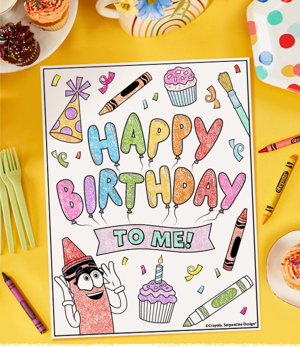 Partially colored-in Happy Birthday to Me page with Crayola Crayon characters and confetti