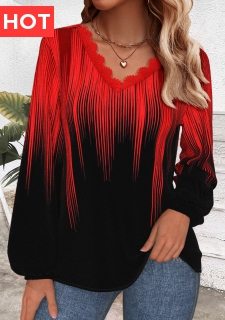 Red Embroidery Ombre Long Sleeve V Neck T Shirt