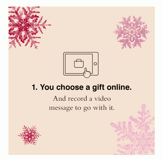 1.You choose a gift online. 2.They open it virtually. 3. We send it IRL.