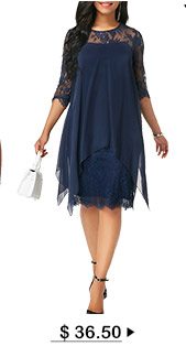 Three Quarter Sleeve Chiffon Overlay Navy Lace Dress