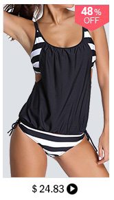 Stripe Print Black Spaghetti Strap Tankini Swimwear