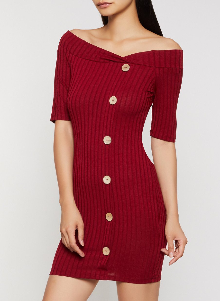 Ribbed Button Detail Bodycon Dress