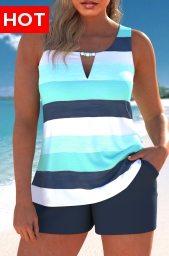 Cut Out Multi Stripe Print Cyan Tankini Set