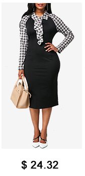 Ruffle Detail Long Sleeve Plaid Print Sheath Dress