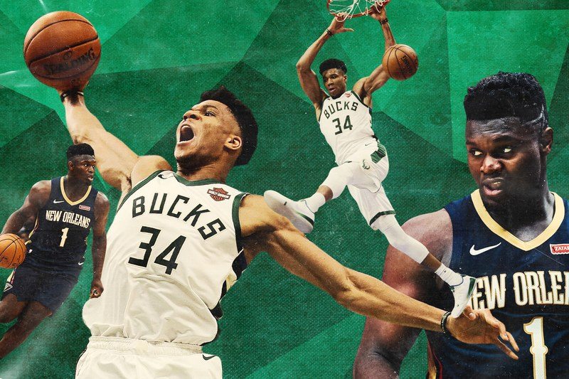 Collage of Zion Williamson and Giannis Antetokounmpo playing basketball