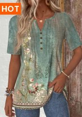 ROTITA Tuck Stitch Random Floral Print Sage Green T Shirt