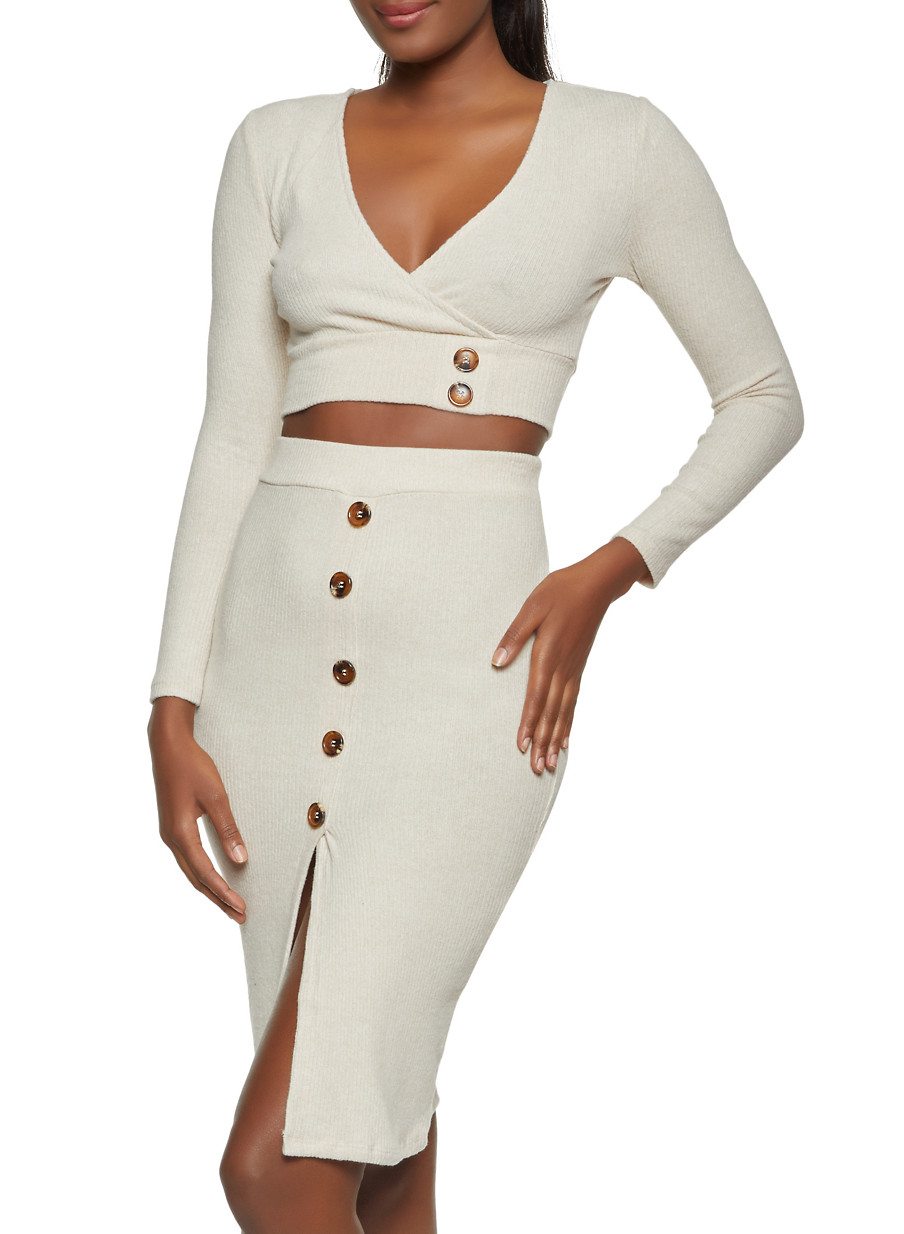 Rib Knit Faux Wrap Crop Top and Skirt Set