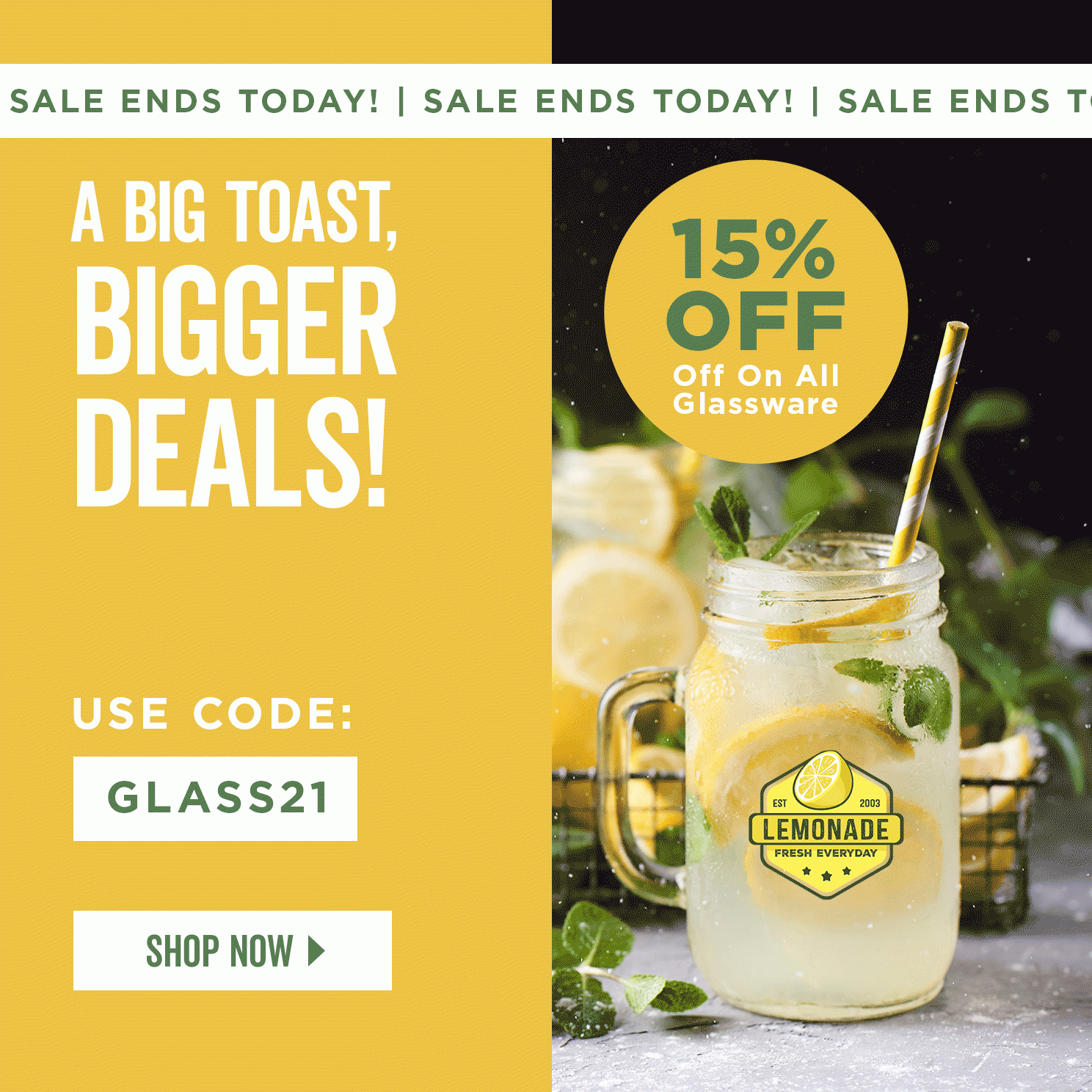 Sale Ends Today | A Big Toast, Bigger Deals! | 15% Off Glassware | Use Code: GLASS21 | Shop Now