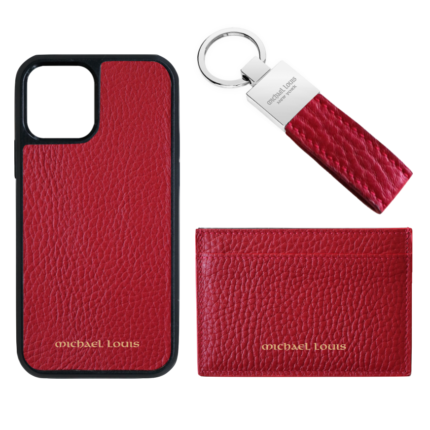 Image of Red Pebbled Leather Card Holder Set
