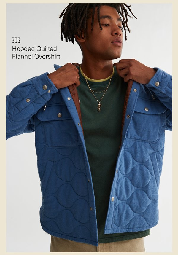 BDG HOODED QUILTED FLANNEL OVERSHIRT