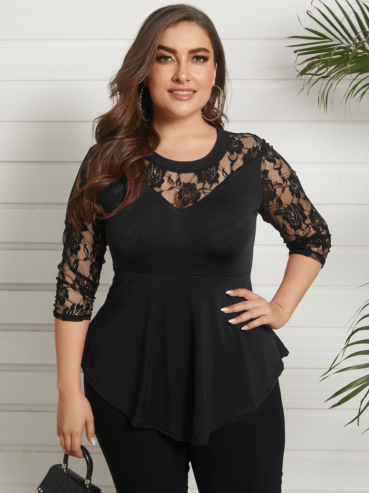 Plus Size Round Neck Lace 3/4 Length Sleeves Blouse 