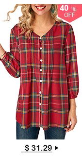 Blouson Sleeve Plaid Print V Neck Blouse