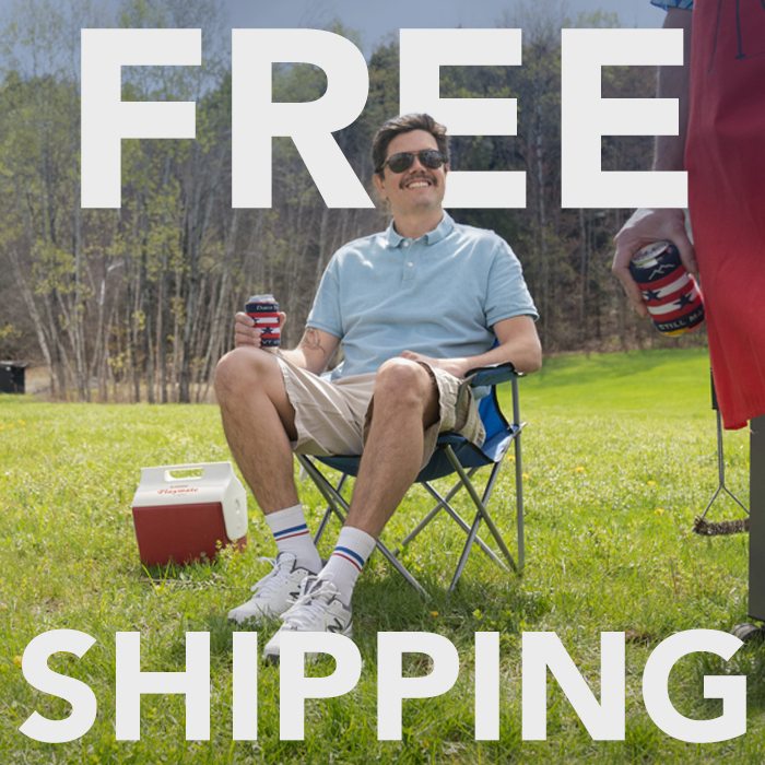 A dad with strong Ted Lasso vibes at a barbecue, with "Free Shipping" messaging all around