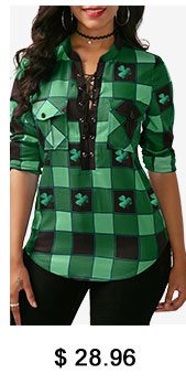 Plaid Print Lace Up Front ST Patricks Day Green Blouse