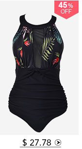 Ruched Tropical Print Black One Piece Swimwear