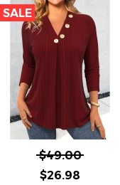 Wine Red Button Long Sleeve V Neck T Shirt