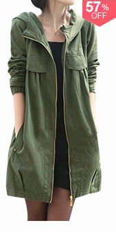 Hooded Collar Zipper Up Pocket Army Green Coat