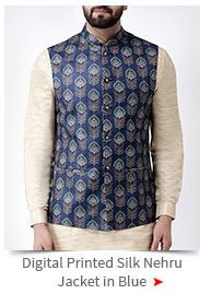 Digital Printed Art Silk Nehru Jacket in Blue