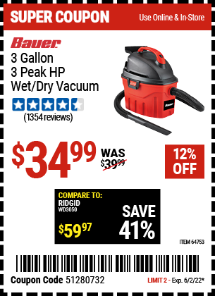 3 Gallon 3 Peak Horsepower Wet Dry Vacuum