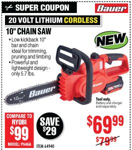  20V Cordless Chainsaw - Tool Only