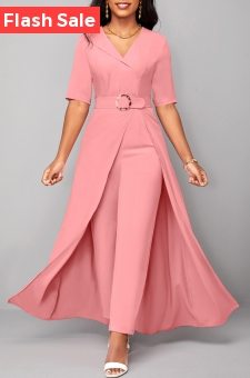 ROTITA Pink Short Sleeve Belted V Neck Jumpsuit