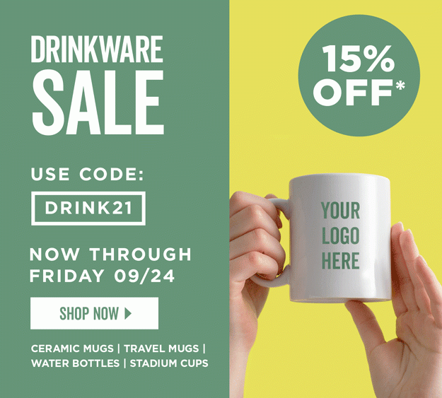 Drinkware Sale | 15% Off | Use Code: DRINK21 | Shop Now | Discount applies to ceramic mugs, travel mugs, water bottles and stadium cups.