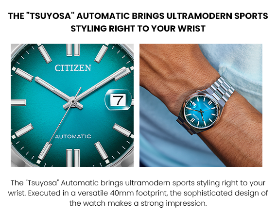 The Tsuoysa Automatic brings styling right to your wrist. The sophisticated design of the watch makes a strong impression. Image of a turquoise watch closeup.