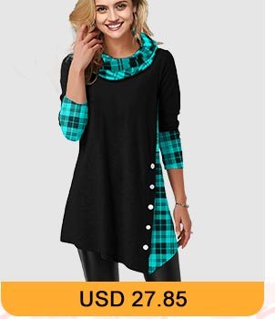 Cowl Neck Plaid Print Asymmetric Hem T Shirt 