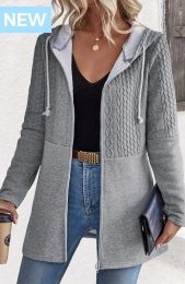 ROTITA Patchwork Zipper Closure Grey Long Sleeve Hoodie