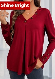 Wine Red Button Long Sleeve V Neck Blouse