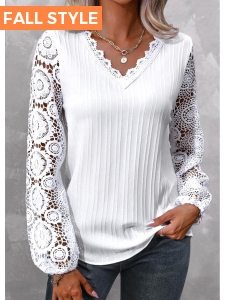 ROTITA Lace White V Neck Long Sleeve Blouse