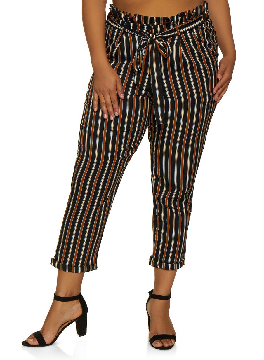 Plus Size Tie Waist Striped Dress Pants