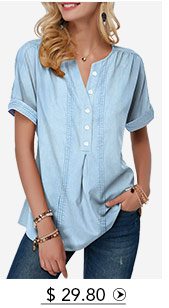 Roll Sleeve Button Front Split Neck Blouse