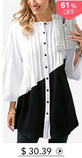 Color Block Button Up Pintuck Blouse