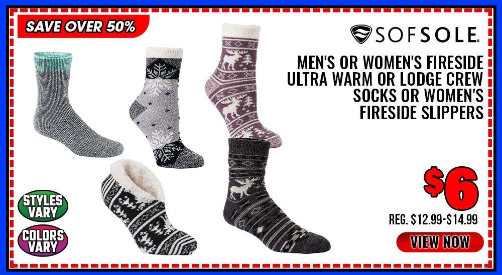 ''Sof Sole Men's or Women's Fireside Ultra Warm or Lodge Crew Socks or Women's Fireside Slippers''