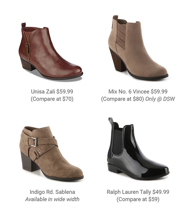 Unisa Zali $59.99 (Compare at $70) | Mix No. 6 Vincee $59.99 (Compare at $80) Only @ DSW | Indigo Rd. Sablena Available in wide width | Ralph Lauren Tally $49.99 (Compare at $59)