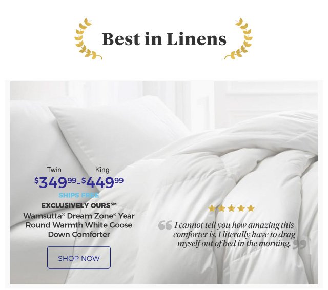 Best in Linens | Wamsutta® Dream Zone® Year Round Warmth White Goose Down Comforter | 5 stars | I cannot tell you how amazing this comforter is. I literally have to drag myself out of bed in the morning. | Twin $349.99 | King $449.99 | ships free | exclusively ours SM | shop now