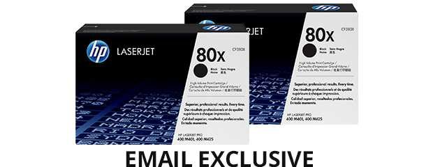 Email Exclusive:  15% off 2 HP Toner.  Limit 2.  Multipacks count as 1. Shop Now