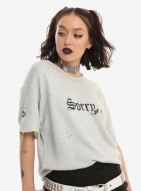 Grey Sorry Destructed Short-Sleeved Sweatshirt