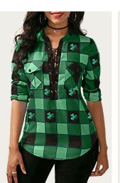 Lace Up Front Plaid Print Green ST Patricks Day Blouse