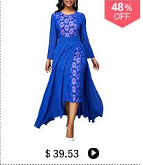 Patterned Lace Panel Chiffon Overlay Royal Blue Dress